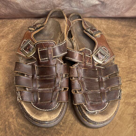 Vintage 90s Dr. Martens Fisherman Sandals Brown Leather Buckle Chunky Men's 12 - Picture 2 of 16